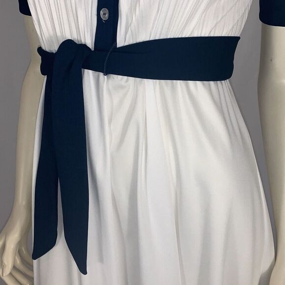 Vintage White Navy Half Button Short Sleeve Dress with Tie Waist Belt Size Mediu - Picture 6 of 15